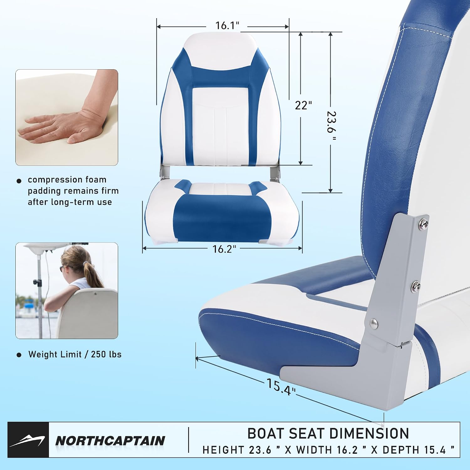 NORTHCAPTAIN S1 Deluxe A Pair of Marine High Back/Low Back Folding Fishing Boat Seat for Fishing, Bass/Jon/Pontoon Boat Chairs, 4 Mounting Screws Included