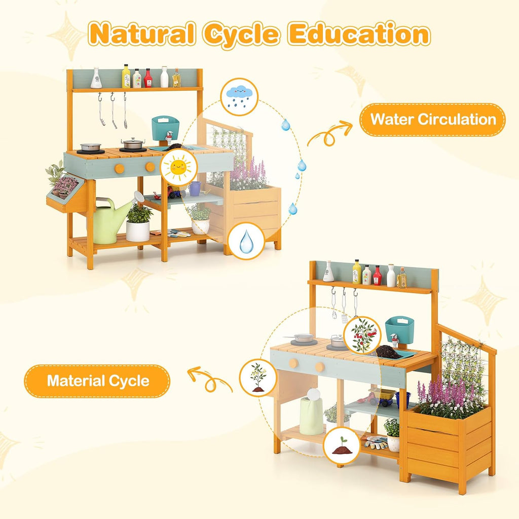HONEY JOY Mud Kitchen, Cedar Wood Pretend Play Kitchen for Toddlers, Plant Growing Box & Trellis, Real Faucet w/Running Water, Sink, Accessories, Outdoor Kids Kitchen Playset for Garden Fun(Yellow)