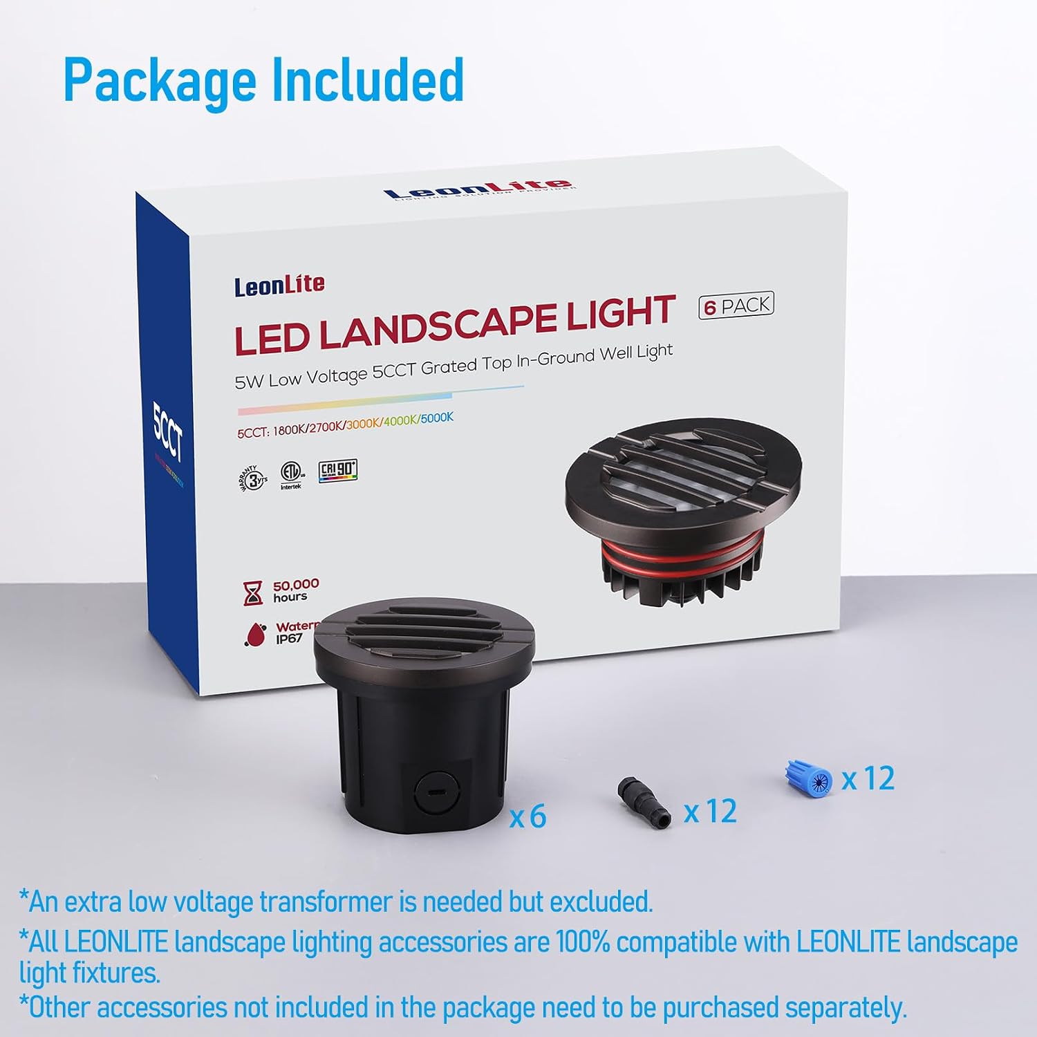 LEONLITE Dia. 4 Inch Well Lights Landscape LED In Ground, Grated Top, 5 Color Temperature Selectable, 12-24V AC/DC CRI90 Low Voltage Garden Landscaping, Oil Rubbed Bronze Aluminum Housing, Pack of 6