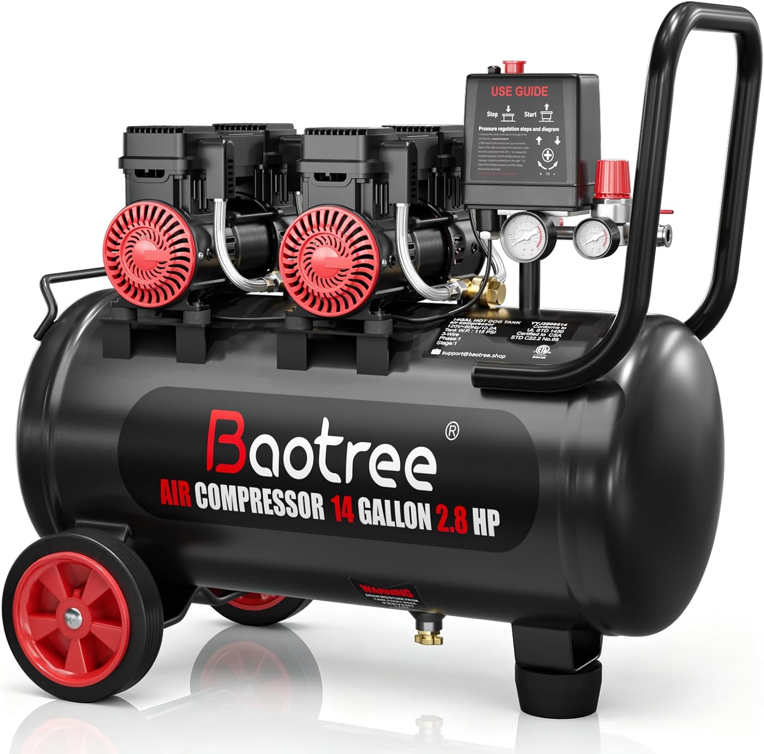 14 Gallon Ultra Quiet Air Compressor with Two Quick Couplers, 2.8HP MAX 115PSI Oil-Free Air Compressor Steel Tanks, 70dB Air Compressor with Wheels for Spray Painting, Auto Repair, Woodwork Nailing