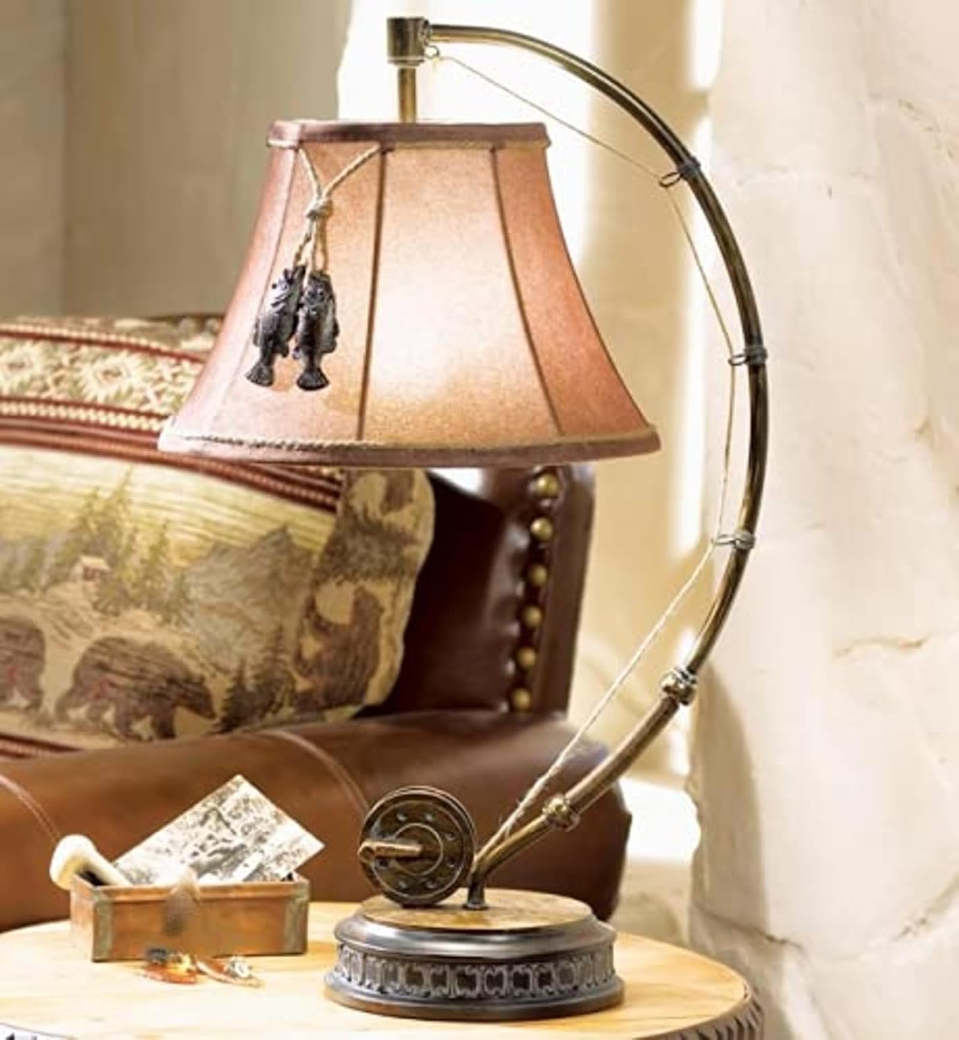 BLACK FOREST DECOR - Fishing Reel Table Lamp with Faux Moleskin Shade - Perfect Cabin & Lodge Decor - 28' x 15' x 13'
