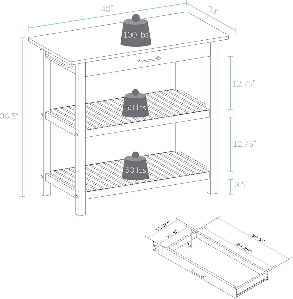 Casual Home Kitchen Island with Solid American Hardwood Top, Natural/White, 40' W (373-91)
