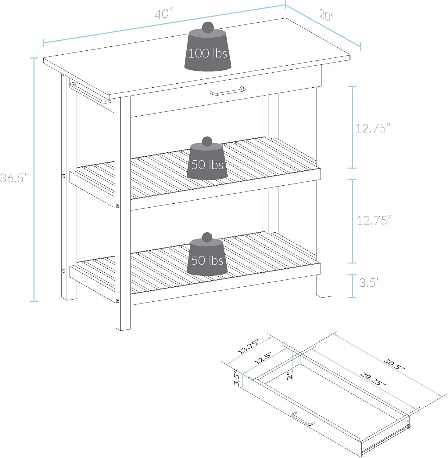 Casual Home Kitchen Island with Solid American Hardwood Top, Walnut&black