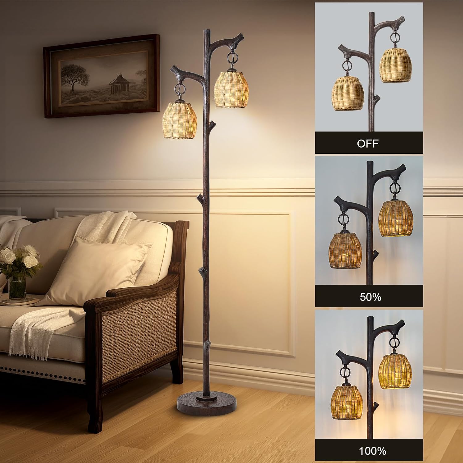 Scenekoy 68' High Farmhouse Rustic Country Cottage Floor Lamp Tree Trunk Faux Wood Column Dark Bronze Wicker Drum Shade Decor for Living Room Bedroom Reading Room