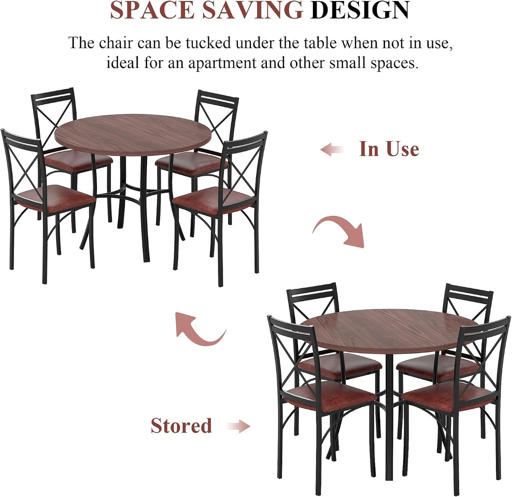 VECELO 5 Piece Dining Table Set for 4, Wood Grain Dinette with Chairs for Kitchen, Breakfast Nook, Small Space, Dark Brown