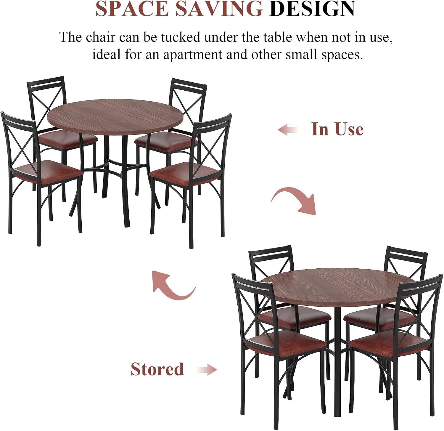 VECELO 5 Piece Dining Table Set for 4, Wood Grain Dinette with Chairs for Kitchen, Breakfast Nook, Small Space, Dark Brown