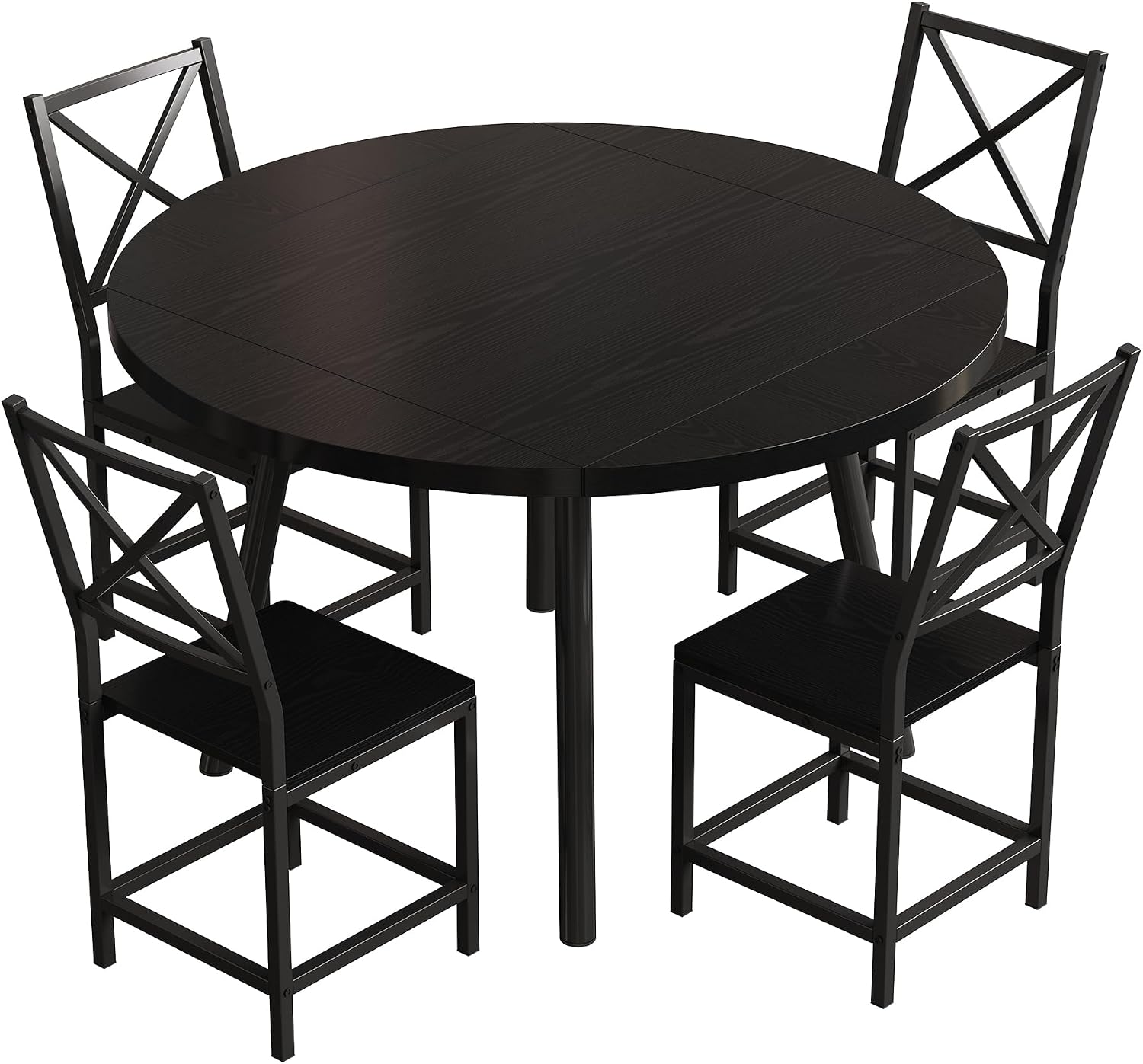 IRONCK Dining Table Set for 4, Round Kitchen Table and 4 Stool Chair for Dining Room, 44.5inch Drop Leaf Desk, Small Space Saving, Black