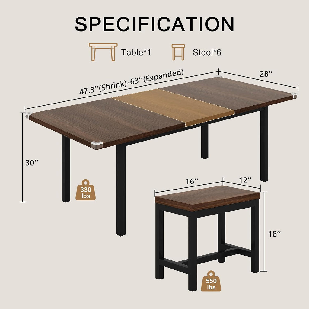 Einhomn 7-Piece Dining Table Set, 63' Extendable Kitchen Room Table with 6 Stools, Mid Century Modern Dinner Table with Metal Frame & MDF Board, Space-Saving, Easy Assembly, Walnut