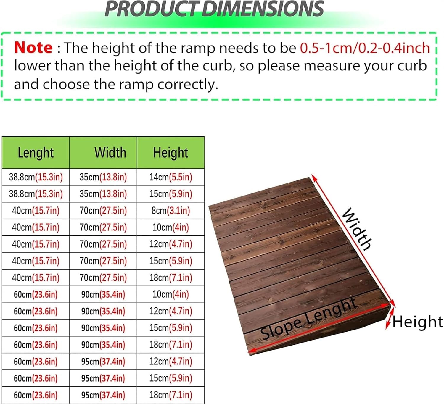 Threshold Ramp, Doorway Wooden Threshold Ramp - 3/4/5/6/7/inch Rise, Non-Slip Slope Pad for Wheelchairs/Cars/Bikes, Portable Driveway Curb Ramp, Load 300kg/660lbs(38.8x35x15cm/15.3x13.8x5.9in)