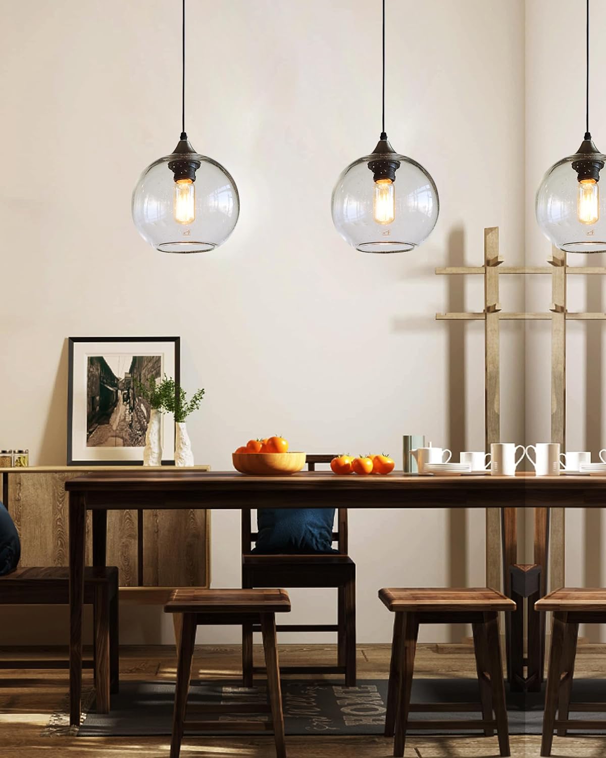 Globe Pendant Lights Kitchen Island 3 Pack Hand Blown Glass Modern Rustic Lighting Clear Seeded Bubbles Dining Room Table Coffee Bar Counter Brushed Nickel Lamp 7.4 Inch Diam