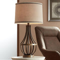 Franklin Iron Works Louanne Industrial Rustic Farmhouse Table Lamp 29' Tall Oil Rubbed Bronze Brown Metal Burlap Linen Drum Shade for Bedroom Living Room House Home Bedside Nightstand Office Family