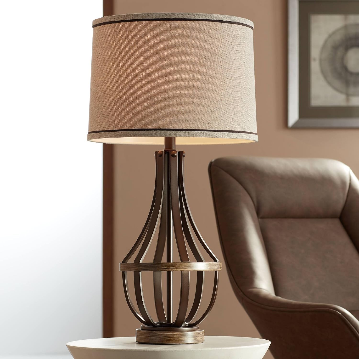 Franklin Iron Works Louanne Industrial Rustic Farmhouse Table Lamp 29' Tall Oil Rubbed Bronze Brown Metal Burlap Linen Drum Shade for Bedroom Living Room House Home Bedside Nightstand Office Family