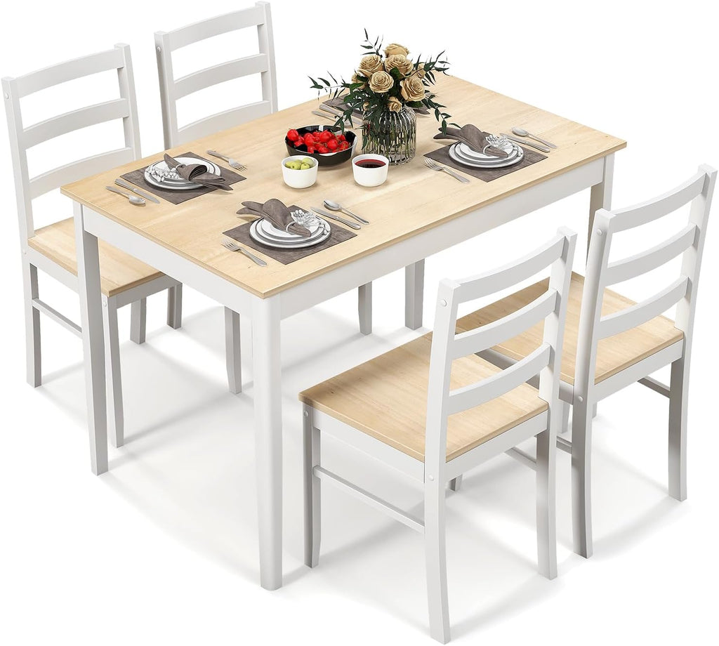 COSTWAY Dining Table Set for 4, Wood Kitchen Table Chairs Set with Rubber Wood Legs, Space-Saving Design, Modern 5-Piece Dinette Set for Small Place, Kitchen, Dining Room, Restaurant (Natural)