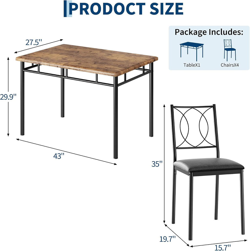 Garvee Dining Table Set for 4, Small Kitchen Table with Upholstered Chairs, Farmhouse Wood Dining Table Chairs for Kitchen Room, Small Spaces, Apartment, Brown
