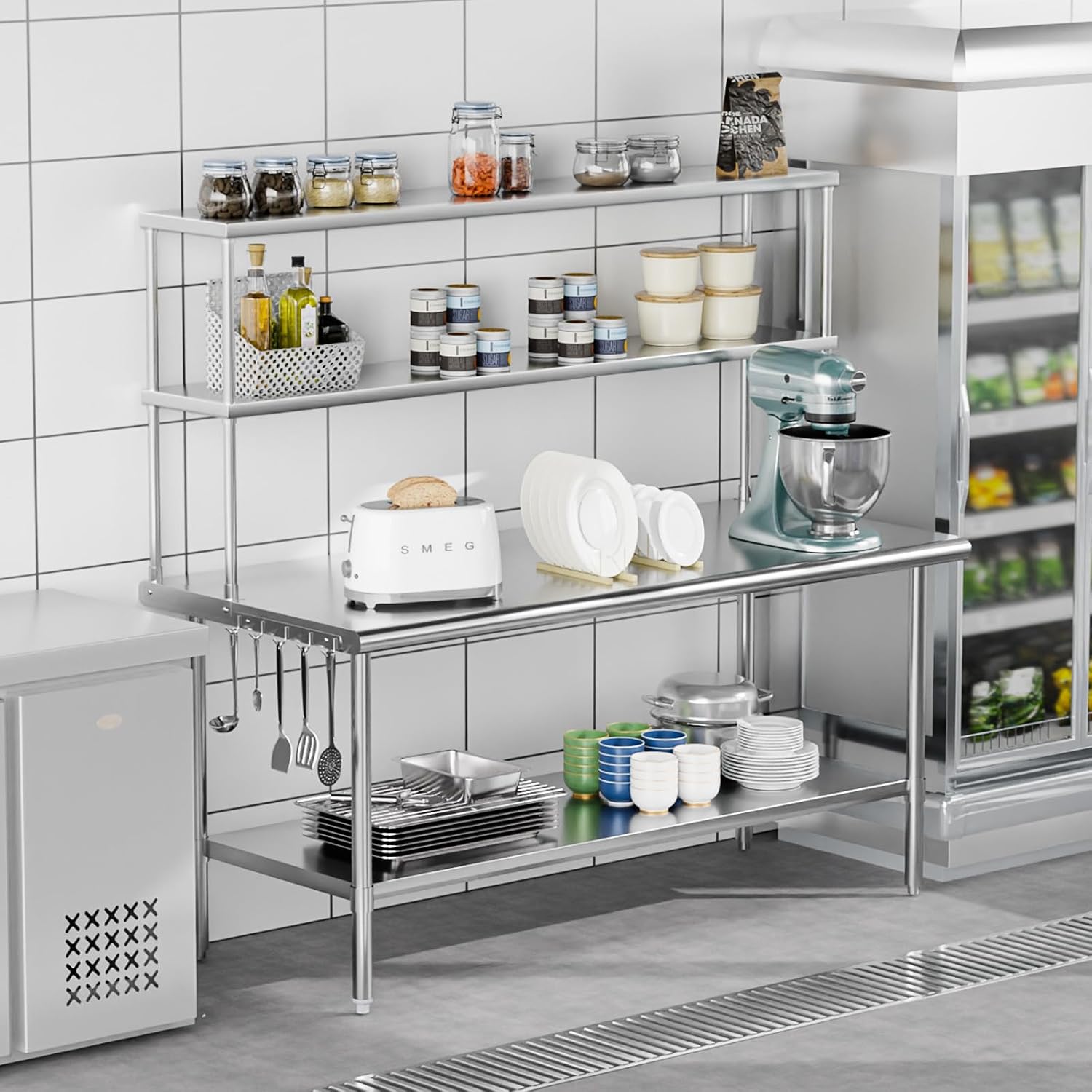 ROVSUN Stainless Steel Table with Overshelves 72' X 30', NSF Commercial Heavy Duty with Adjustable Undershelf & Detachable Hooks, Metal Prep Table for Kitchen, Restaurant, Home, Hotel