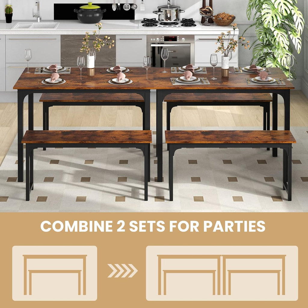 Tangkula 3-Piece Dining Table Set with Bench, Rectangular Kitchen Table with 2 Benches, Metal Frame, Space-Saving Furniture, Modern 4-Person Dinette for Kitchen, Dining Room (Rustic Brown)