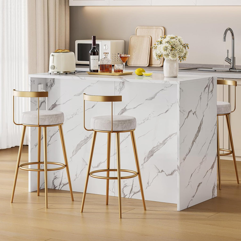 ONBRILL 47.3' Kitchen Island with 2 Storage Cabinets & 4 Drawers, Modern Imitation Marble Dining Table with Power Outlet, Island Bar Table for Kitchen, Dining Room, Living Room, White