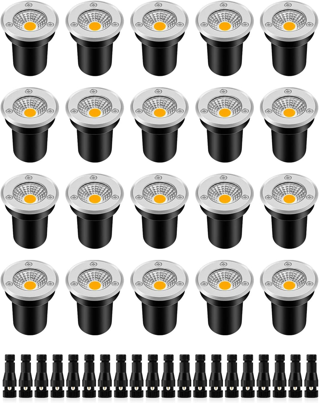 ZUCKEO Low Voltage Landscape Lights Well Lights Landscape LED in Ground Light IP67 Waterproof Outdoor Landscape Lighting Wired Floor Pathway Deck Step Garden with Connectors (20Pack Warm White)