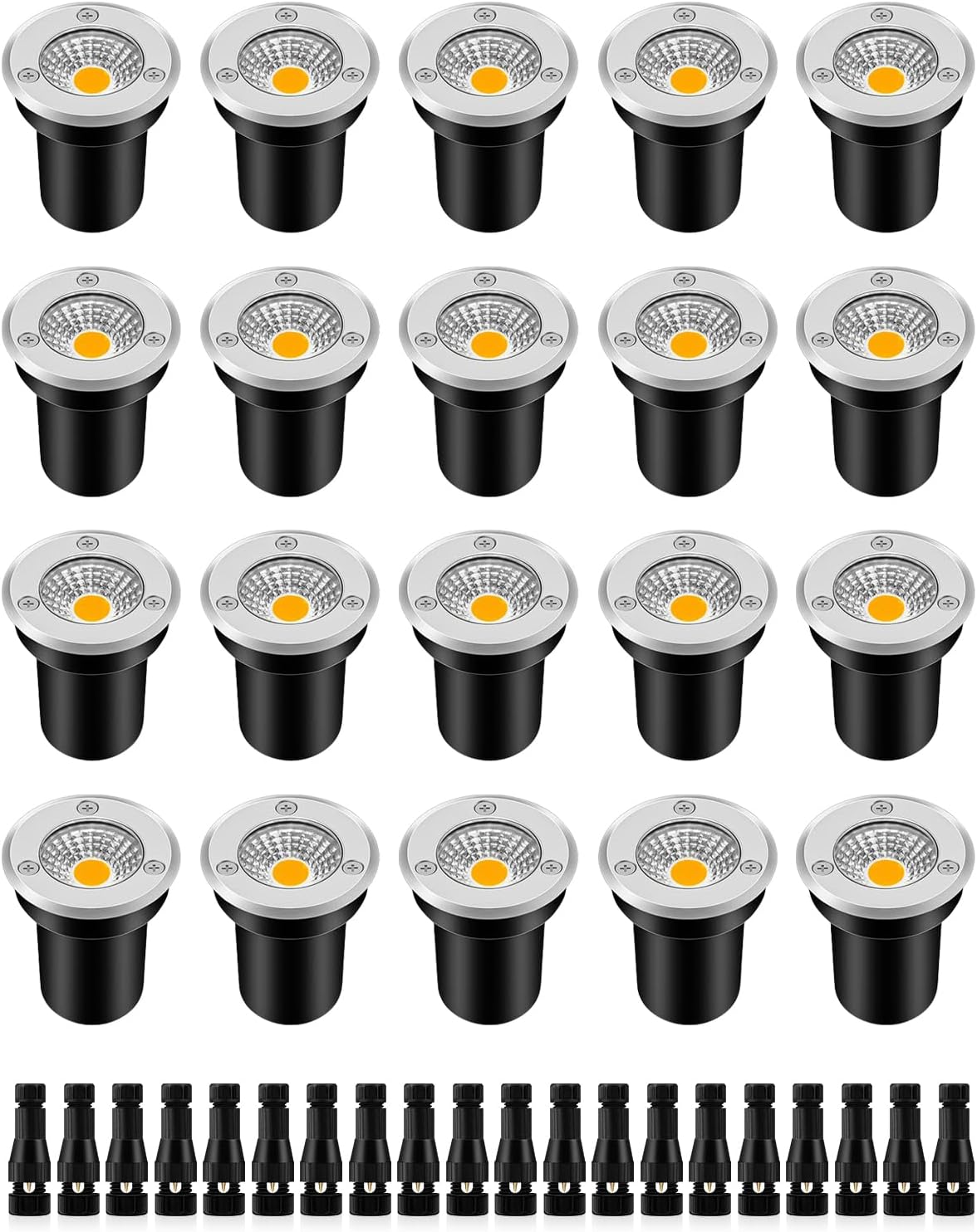 ZUCKEO Low Voltage Landscape Lights Well Lights Landscape LED in Ground Light IP67 Waterproof Outdoor Landscape Lighting Wired Floor Pathway Deck Step Garden with Connectors (20Pack Warm White)