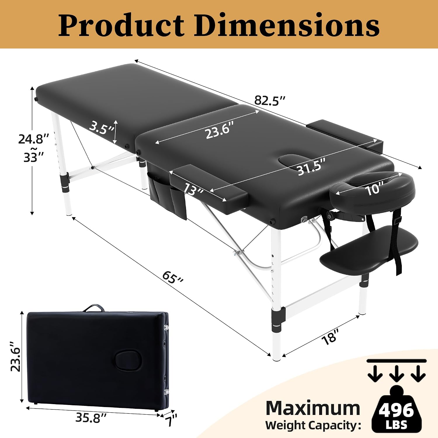 civama Massage Table Massage Bed Portable, 26 LBs Light Weight 2 Section Foldable Tattoo Bed Facial Care Spa Lash Bed Height Adjustable Sturdy Aluminum Frame with Accessories Carrying Bag, Black