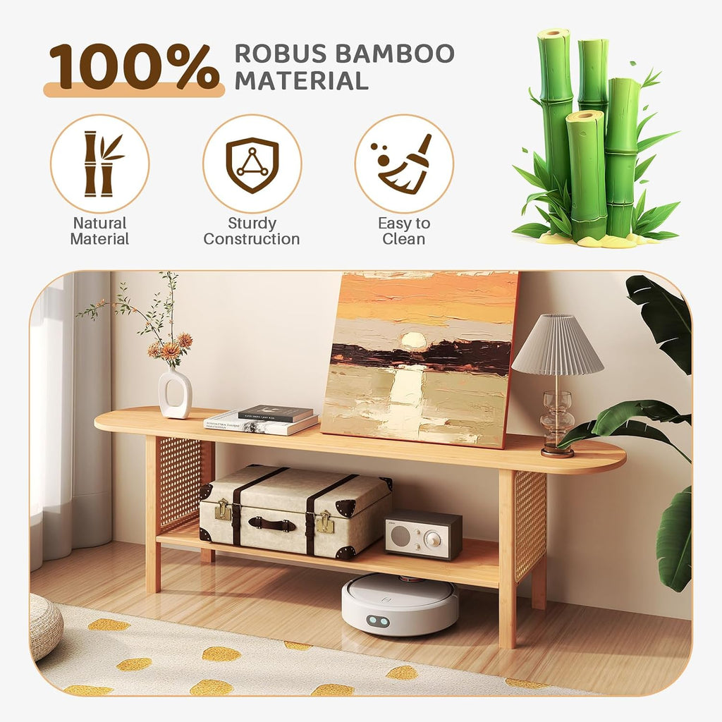 HollyHOME Bamboo TV Stand with Storage for TVs up to 65', Modern Entertainment Center with Rattan Side, Accent TV Table with 2 Shelf, Media Console TV Stand for Living Room, Bedroom, Burlywood
