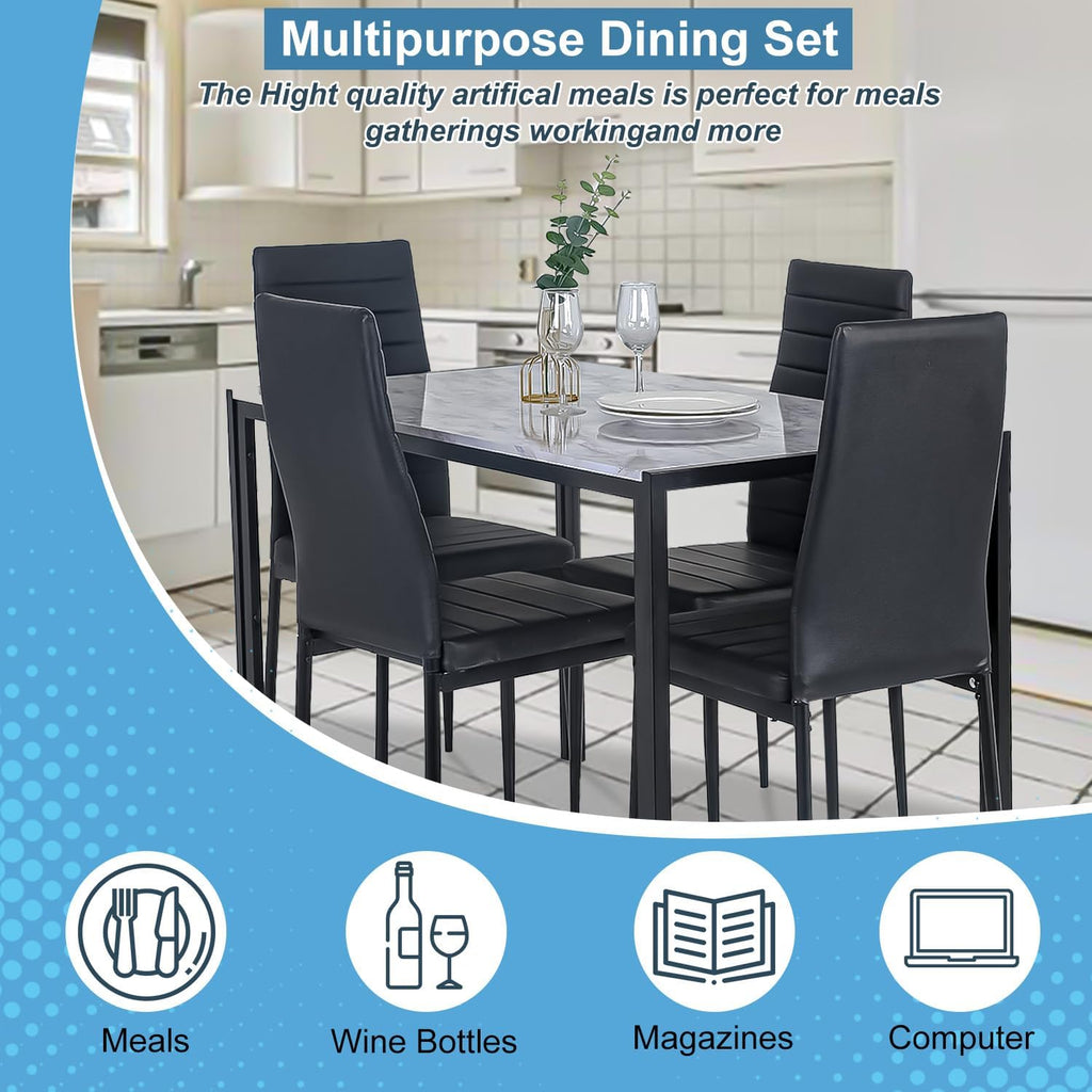 PayLessHere Dining Table and Chairs Set, Modern Rectangular Marble Table top with 4 Chairs PU Leather for Dining Room and Kitchen, White Marble