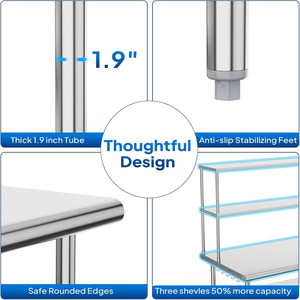 ROVSUN Stainless Steel Table with Overshelves 72' X 30', NSF Commercial Heavy Duty with Adjustable Undershelf & Detachable Hooks, Metal Prep Table for Kitchen, Restaurant, Home, Hotel