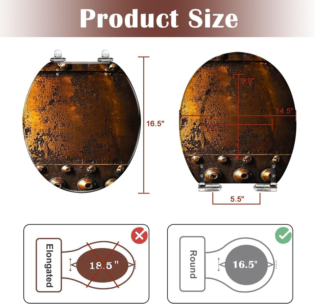 Round Toilet Seat Scratched Copper Rivets Resin Toilet Seat Slow Quiet Close with Quick-Release Hinges Toilet Seat with Cover Easy to Clean Install