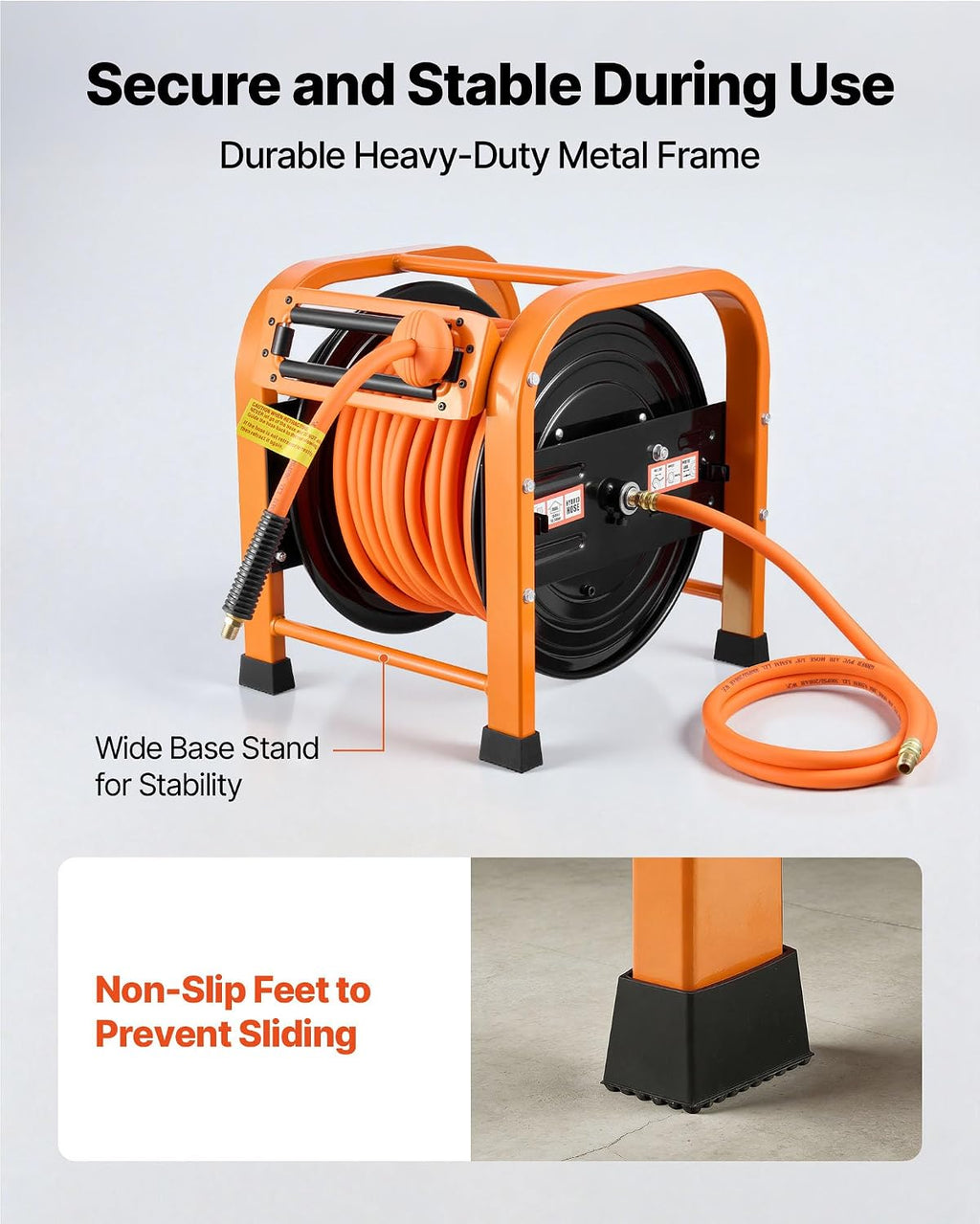 VEVOR Retractable Air Hose Reel, 3/8 Inch x 100 FT Hybrid Air Hose Max 300PSI, Auto Rewind Air-Compressor Hoses Reel with 5ft Lead in, Portable Freestanding Heavy Duty Steel Reel for Garages Workshops