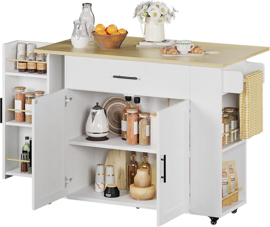 IRONCK Kitchen Island with Storage, 47.2in Rolling Island on Wheels, Kitchen Cart with Drop Leaf, Drawer and Towel Rack for Home, Dining Room