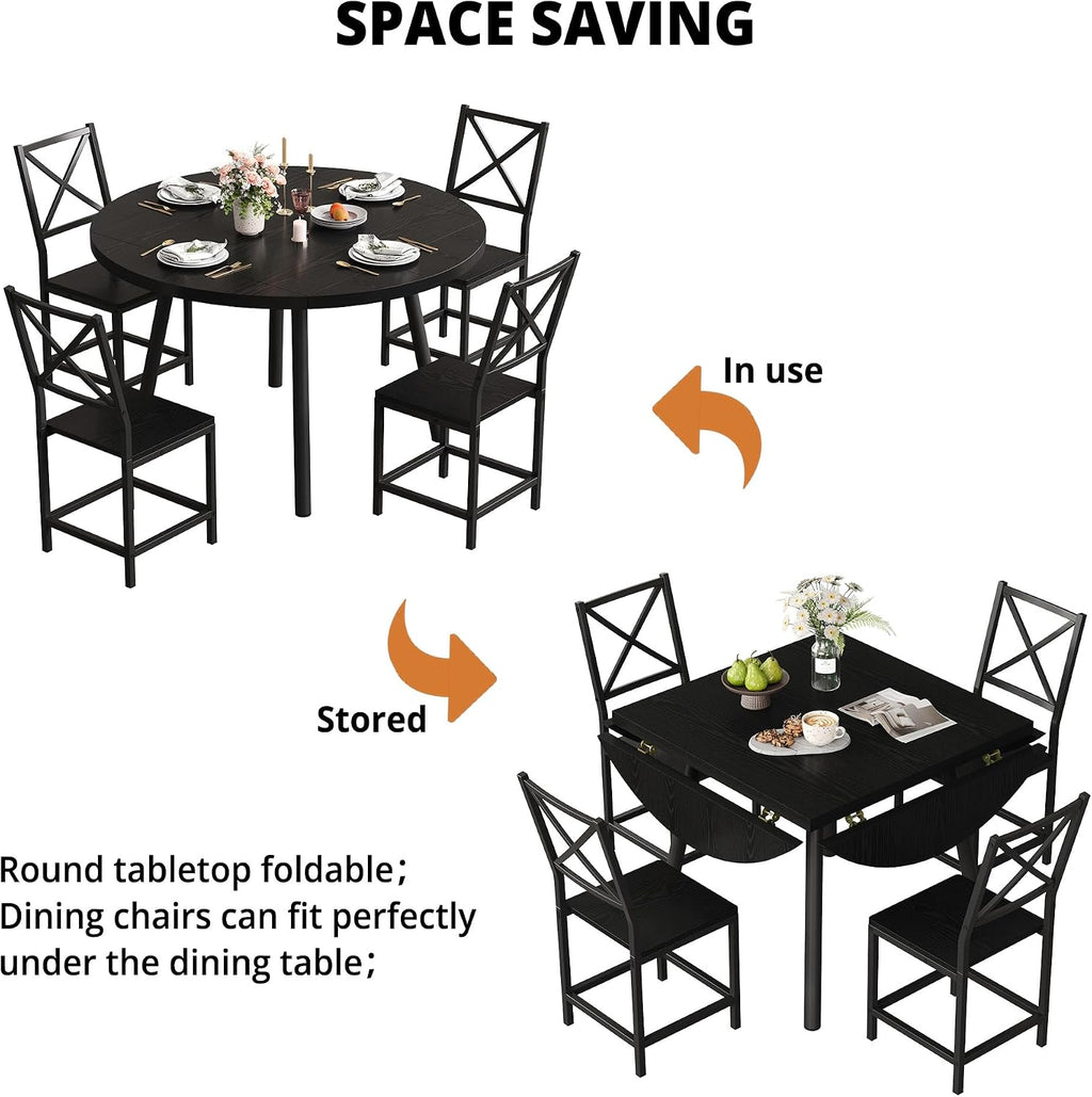 IRONCK Dining Table Set for 4, Round Kitchen Table and 4 Stool Chair for Dining Room, 44.5inch Drop Leaf Desk, Small Space Saving, Black