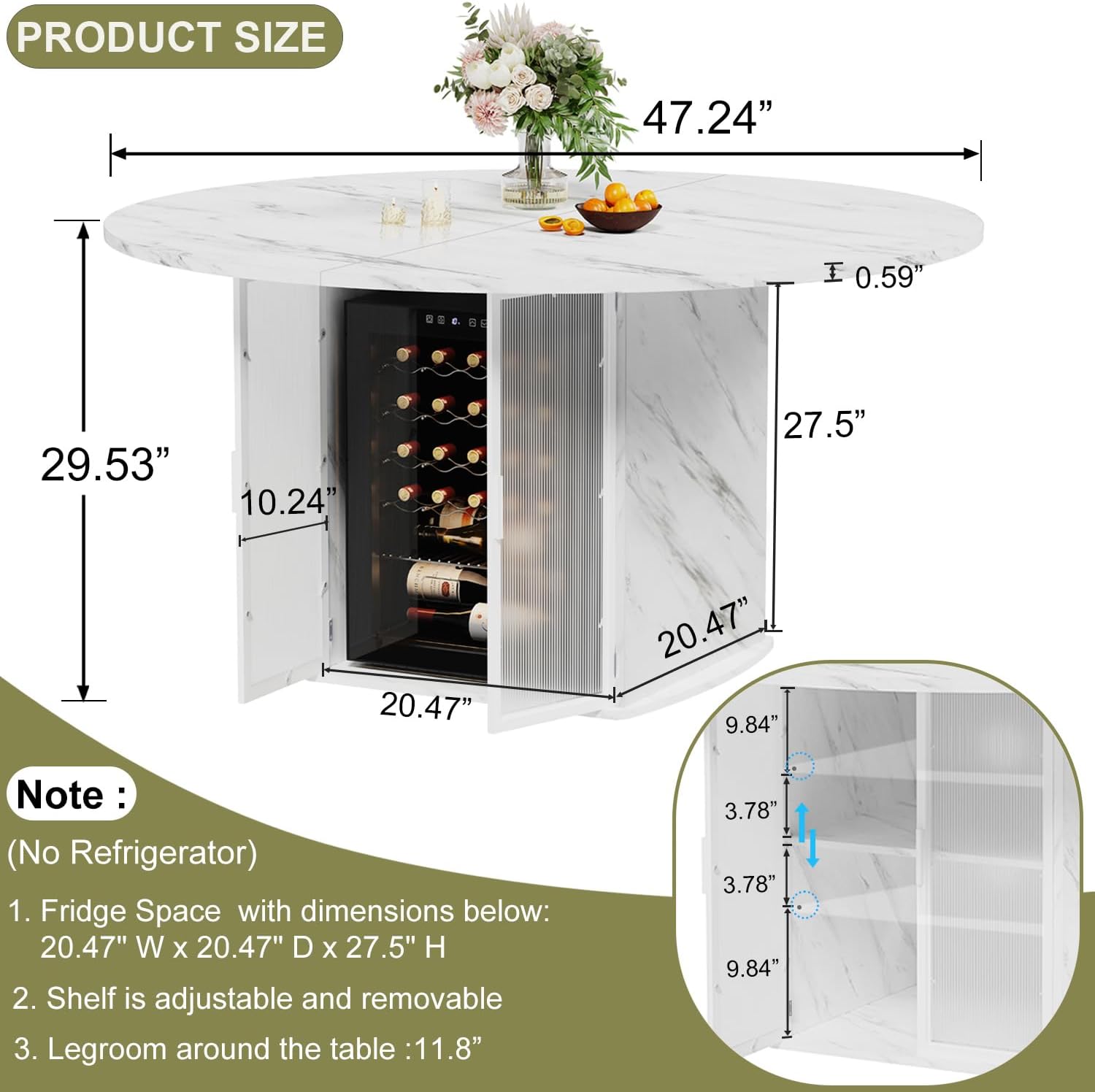IBF 47' Round Dining Table with Storage, White Faux Marble Kitchen Tables for 4-6 People, Modern Dining Room Table with Fridge Space, Wood Circle Dinner Tables for Home, White Marble, Only Table
