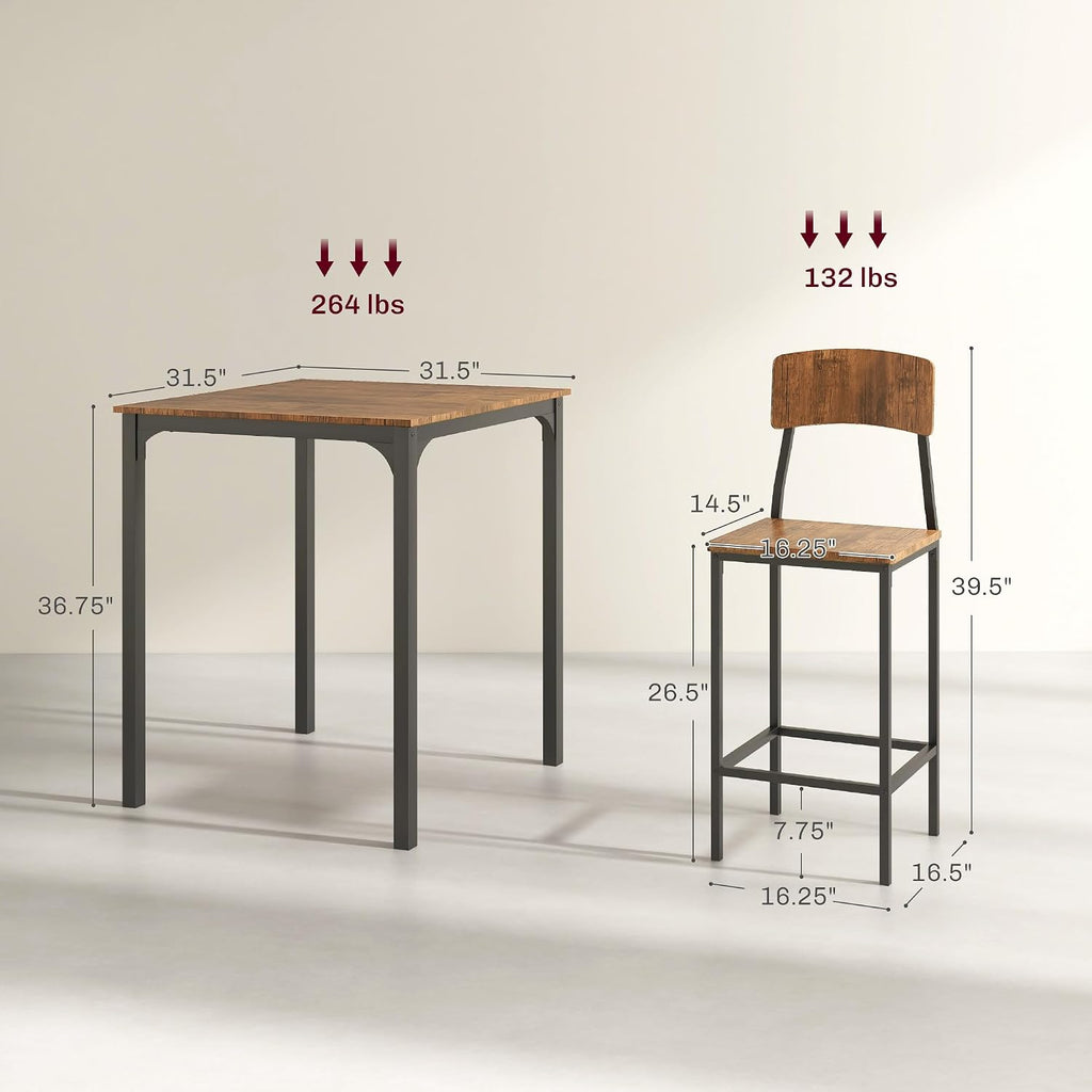 HOMCOM 3 Piece Industrial Counter Height Dining Table Set, Bar Table & Chairs with Steel Legs & Footrests, Black