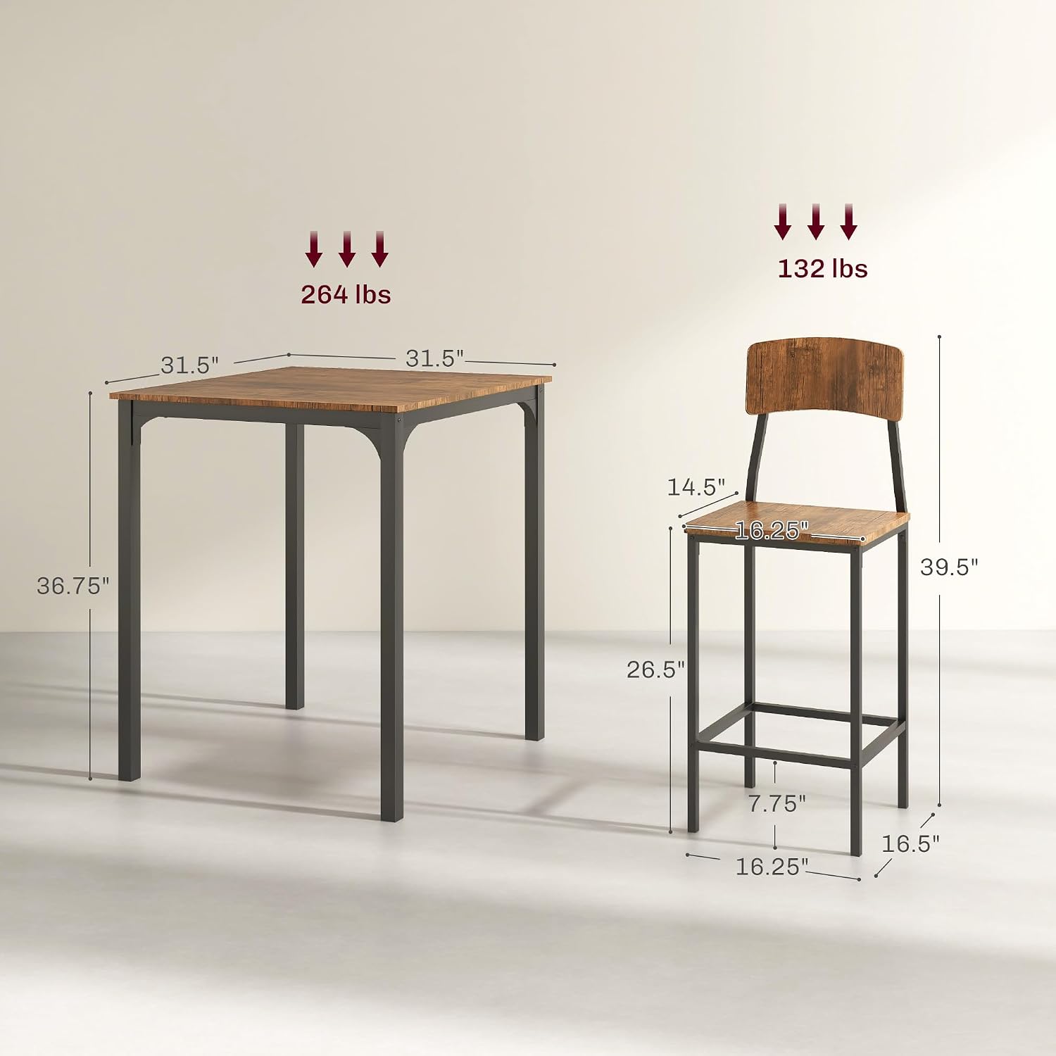HOMCOM 3 Piece Industrial Counter Height Dining Table Set, Bar Table & Chairs with Steel Legs & Footrests, Black