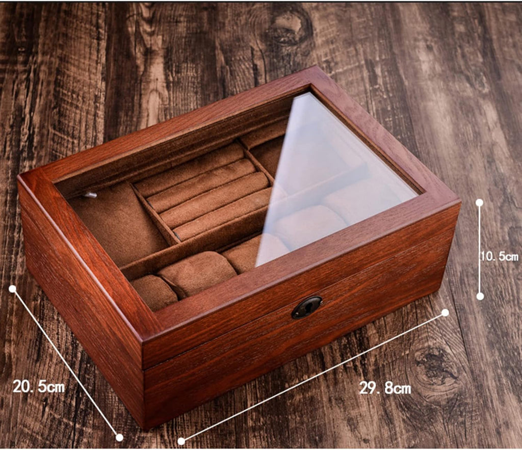 MARURY Wooden Watch Jewelry Box with Lock Vintage Glass Storage Box Double Layer Jewelry Storage Box Case Bracelet Necklace Ring Ornament Gift