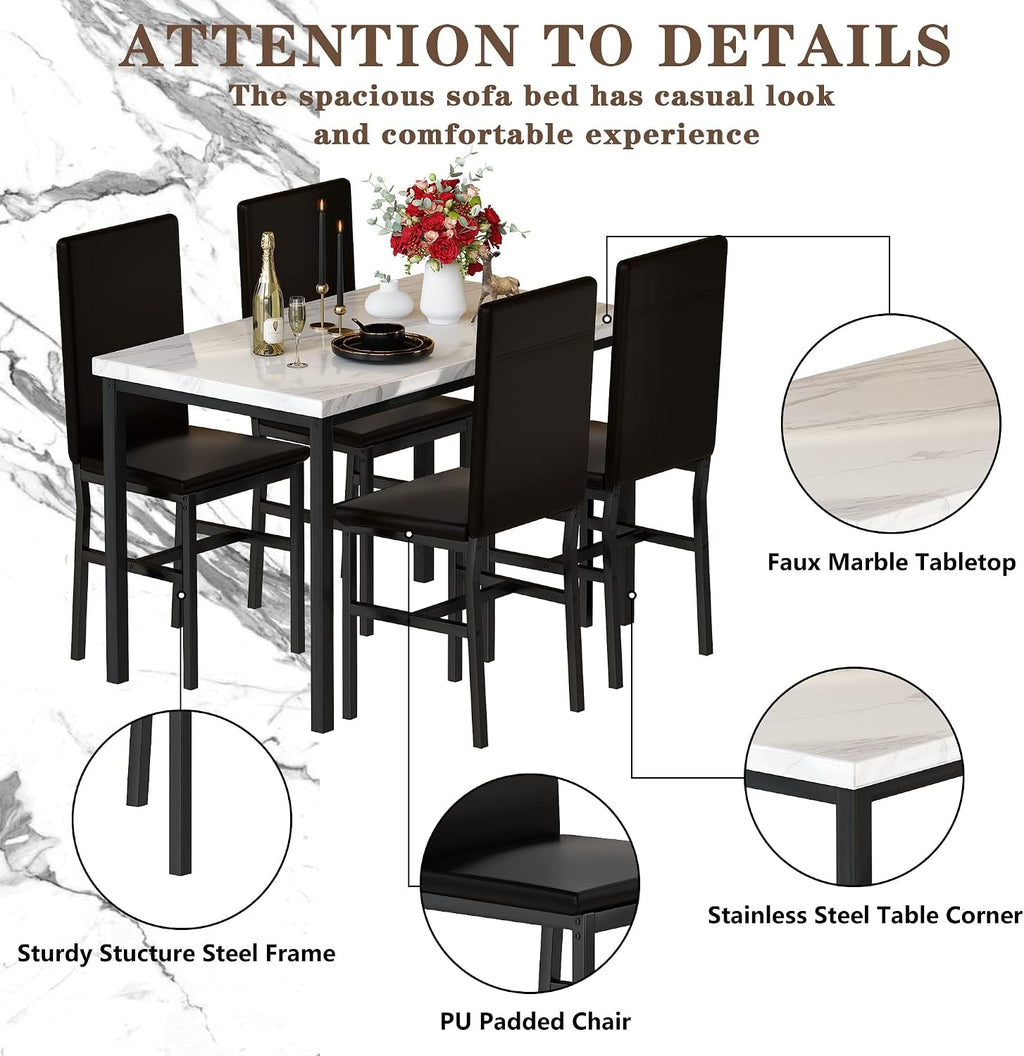Hooseng Dining Table Set for 4, Modern Faux Marble Kitchen Table with 4 PU Leather Chairs, 5 Piece Dining Room Sets for Dinette, Breakfast Nook, Black
