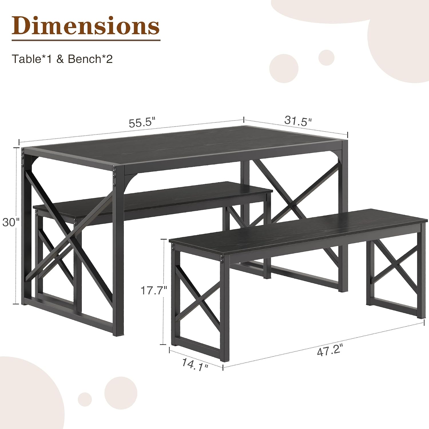 VECELO 55' Kitchen Dining Table Set for 4, Heavy-Duty Steel Frame & Wood-Grain Tabletop, Spaving Saving Dinette Sets with 2 Benches for Breakfast Nook and Small Space, Black