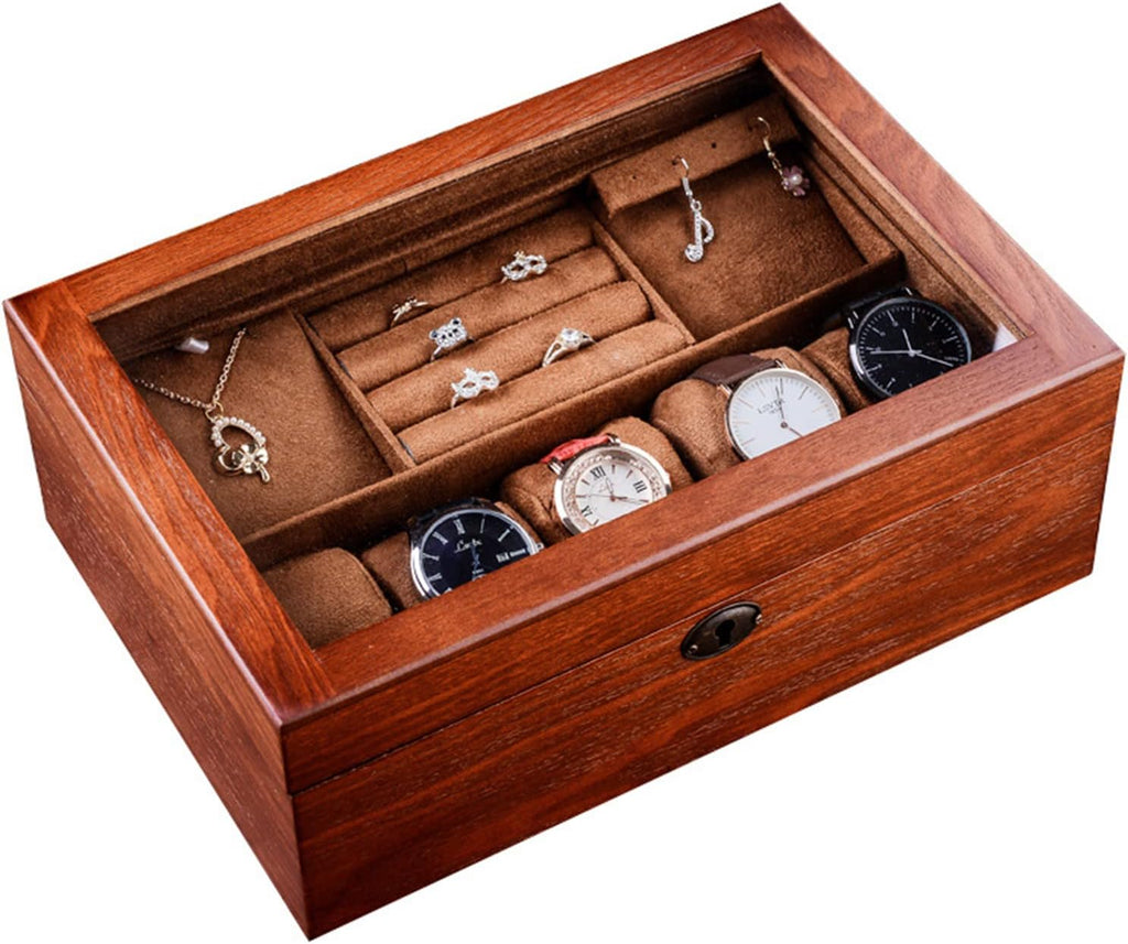 MARURY Wooden Watch Jewelry Box with Lock Vintage Glass Storage Box Double Layer Jewelry Storage Box Case Bracelet Necklace Ring Ornament Gift
