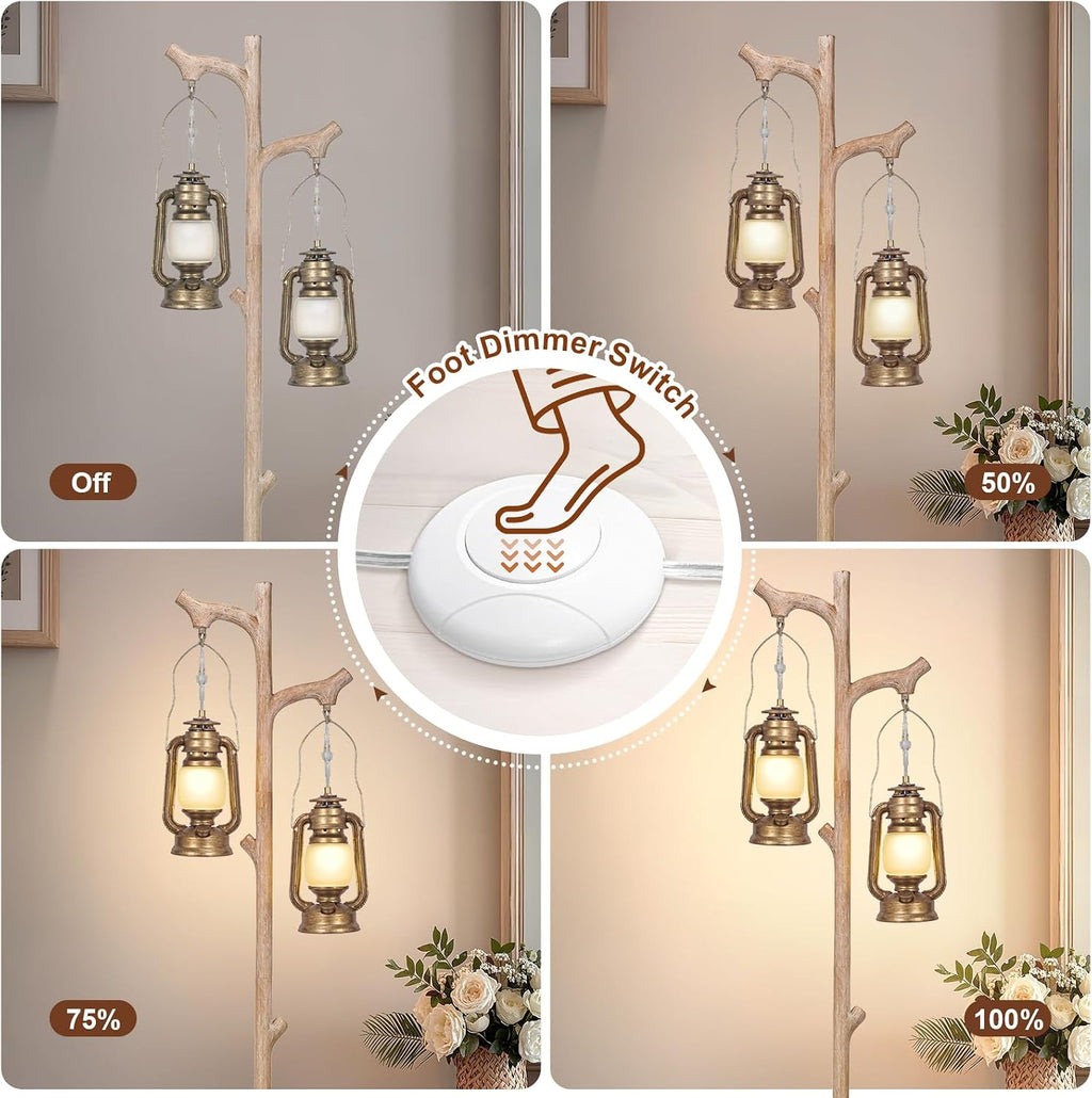 Scenekoy Vintage 68' Tall Floor Lamp with Lanterns, Retro Standing Lamp Tree Trunk Finish & Resin Body, Rustic Dimmable Corner Lamp Stand Up Light with Bulb Prefer for Living Room Bedroom Home Decor