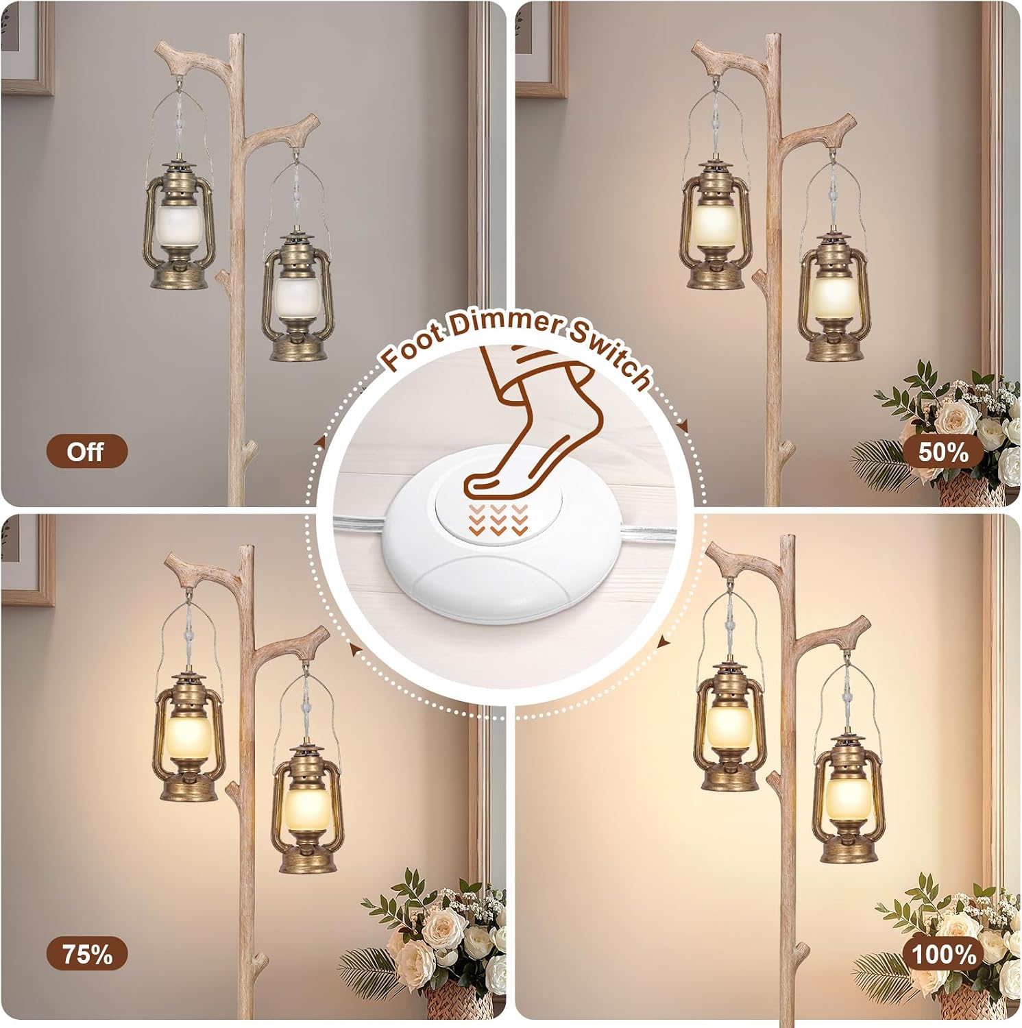Scenekoy Vintage 68' Tall Floor Lamp with Lanterns, Retro Standing Lamp Tree Trunk Finish & Resin Body, Rustic Dimmable Corner Lamp Stand Up Light with Bulb Prefer for Living Room Bedroom Home Decor