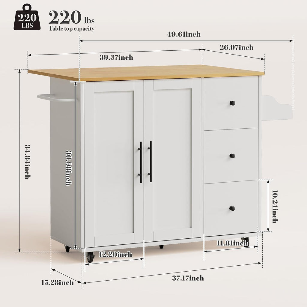 GRUSIGN Kitchen Island on Wheels with Storage-Multifunctional Kitchen Island Cart with Drop Leaf, Rolling Island with Spice/Towel Rack,Expandable Island Table Kitchen,39.37' Width,White