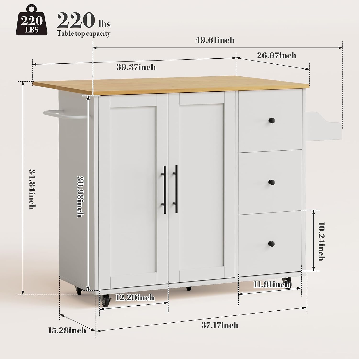 GRUSIGN Kitchen Island on Wheels with Storage-Multifunctional Kitchen Island Cart with Drop Leaf, Rolling Island with Spice/Towel Rack,Expandable Island Table Kitchen,39.37' Width,White