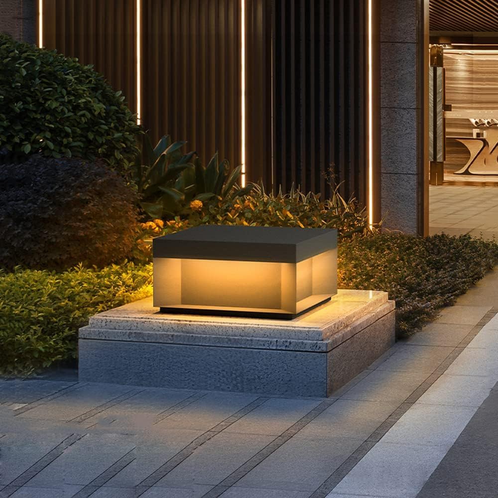 SLAWA Pillar Lamp Post Light - 3000K Outdoor Column Pillar Lamps LED Modern Black Square Patio Pole Table Lamps Waterproof Aluminum Fence Deck Column Cap Lamp for Patio Posts Garden Decoration