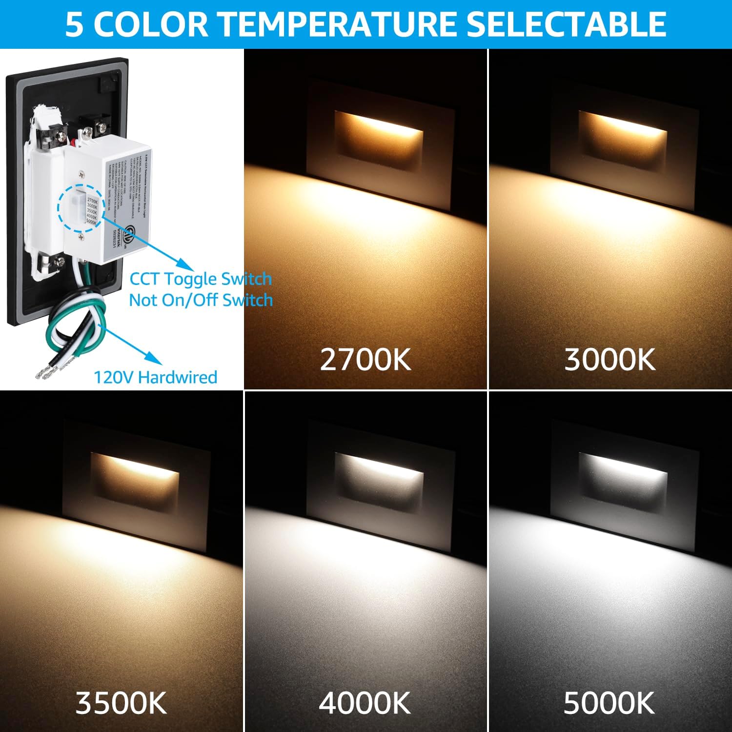 LEONLITE 12-Pack 5CCT 120V LED Step Lights, 3.5W 5%-100% Dimmable Stair Lights Indoor Outdoor Wet Location, CRI90, ETL, Aluminum, 150LM, Horizontal, 2700K/3000K/3500K/4000K/5000K, Black