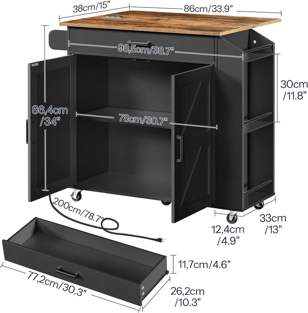 HOOBRO Kitchen Island with Drop Leaf Countertop & Power Outlet, Rolling Island Cart on Wheels, Kitchen Cart with Drawer & Spice Rack, Mobile Island Table for Kitchen, Black BF86UZD01