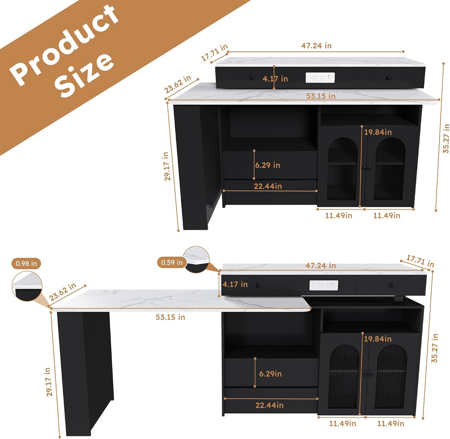 KEIKI Kitchen Island with Extendable & Rotating Table, Expandable Dining Station for 2-4, Kitchen Storage Islands with 4 Drawers & Glass Door Cabinets & Built-in Socket for Dining Room, Black