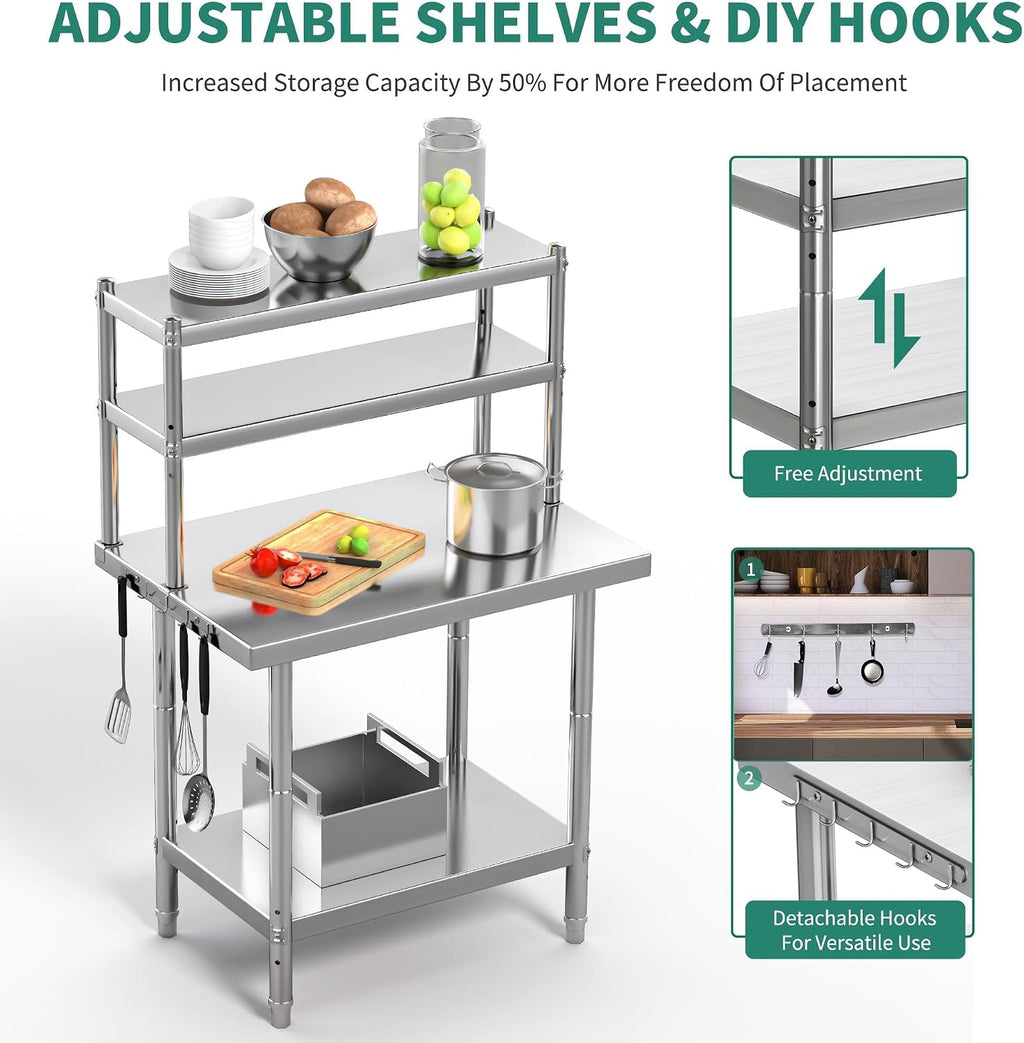 YITAHOME NSF Stainless Steel Table with Overshelves, 30' X 24' Work Table with 30' X 12' Shelf, Metal Table Prep Table for Home Kitchen Restaurant Garage Warehouse