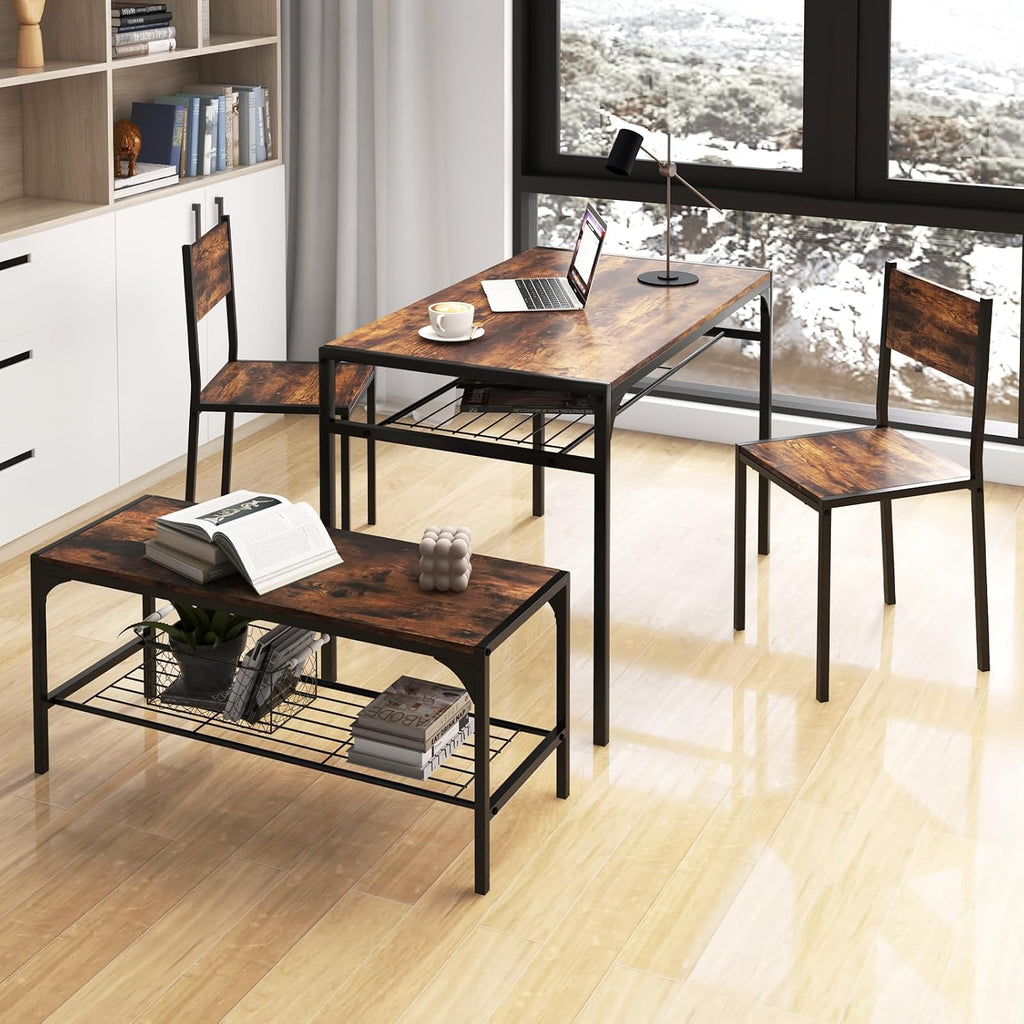 COSTWAY 4 Pieces Dining Table Set, Kitchen Table and 2 Chairs for 4 with Bench, Storage Racks, Metal Frame & Space-saving Design, Industrial Kitchen Table Set for Small Space, Apartment (Rustic Brown)