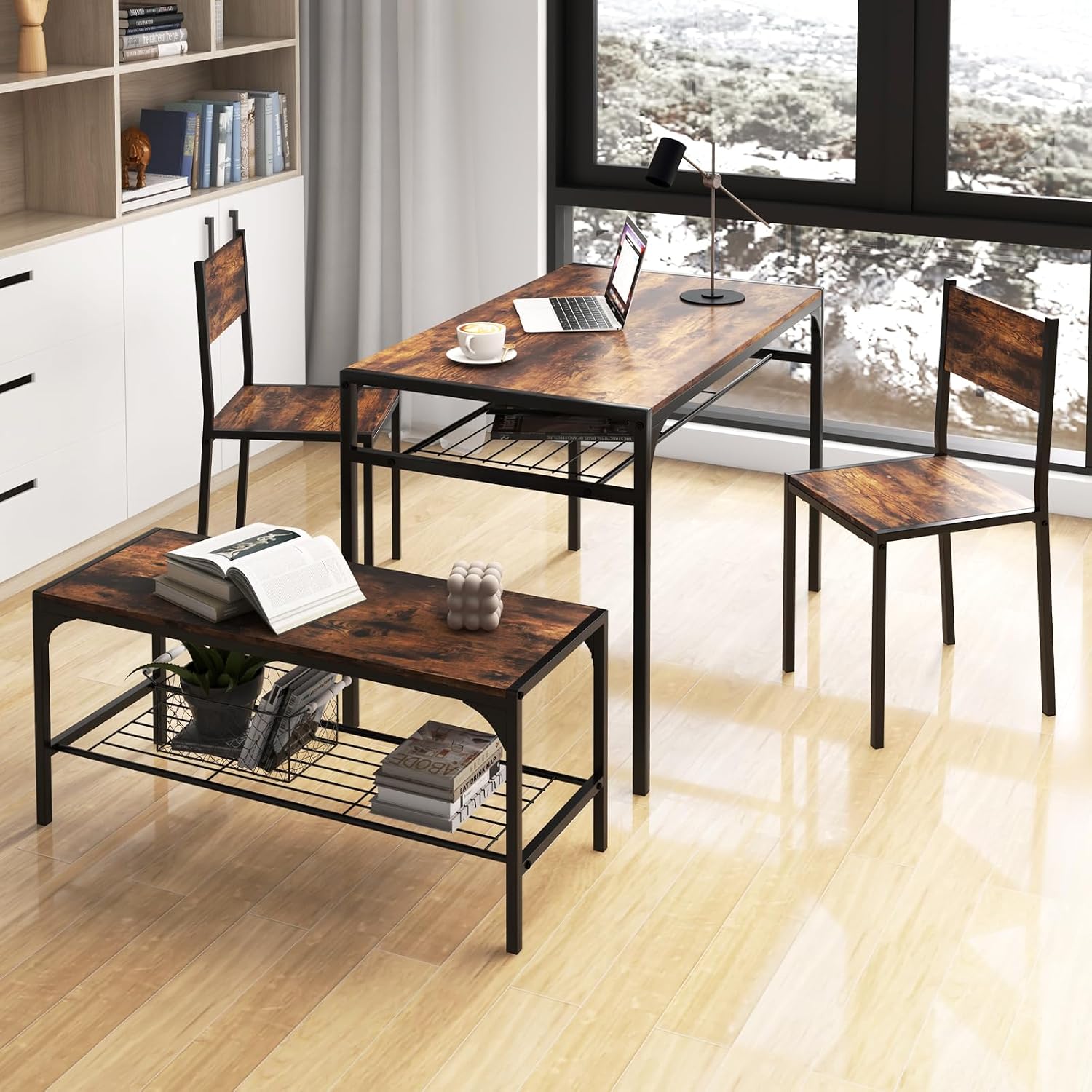COSTWAY 4 Pieces Dining Table Set, Kitchen Table and 2 Chairs for 4 with Bench, Storage Racks, Metal Frame & Space-saving Design, Industrial Kitchen Table Set for Small Space, Apartment (Rustic Brown)