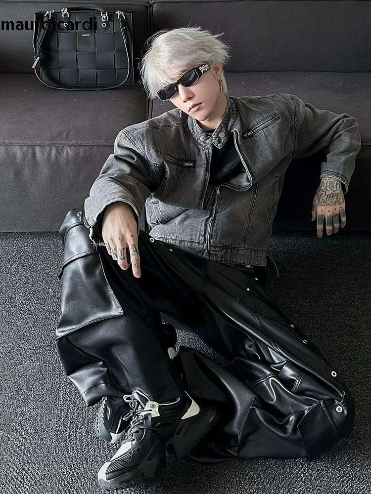 Spring Autumn Long Loose Casual Shiny Pu Leather Pants Men Rivet Wide Leg Trousers Punk Style Streetwear